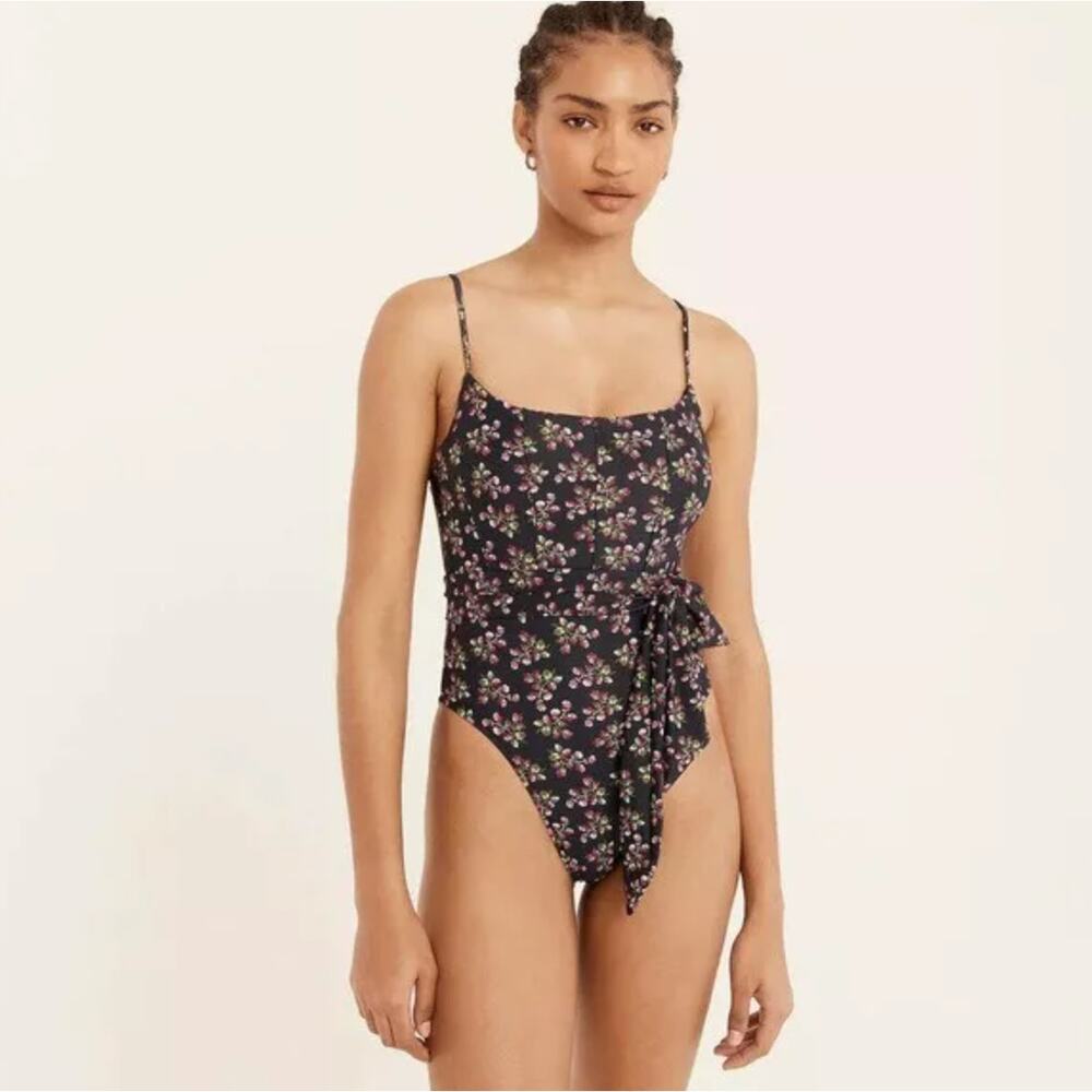 J Crew Top Stitch One Piece High Thigh Blackberry Print Belted Swimsuit